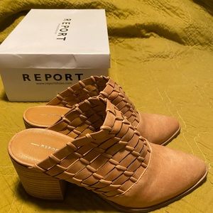 Report tan heeled mules